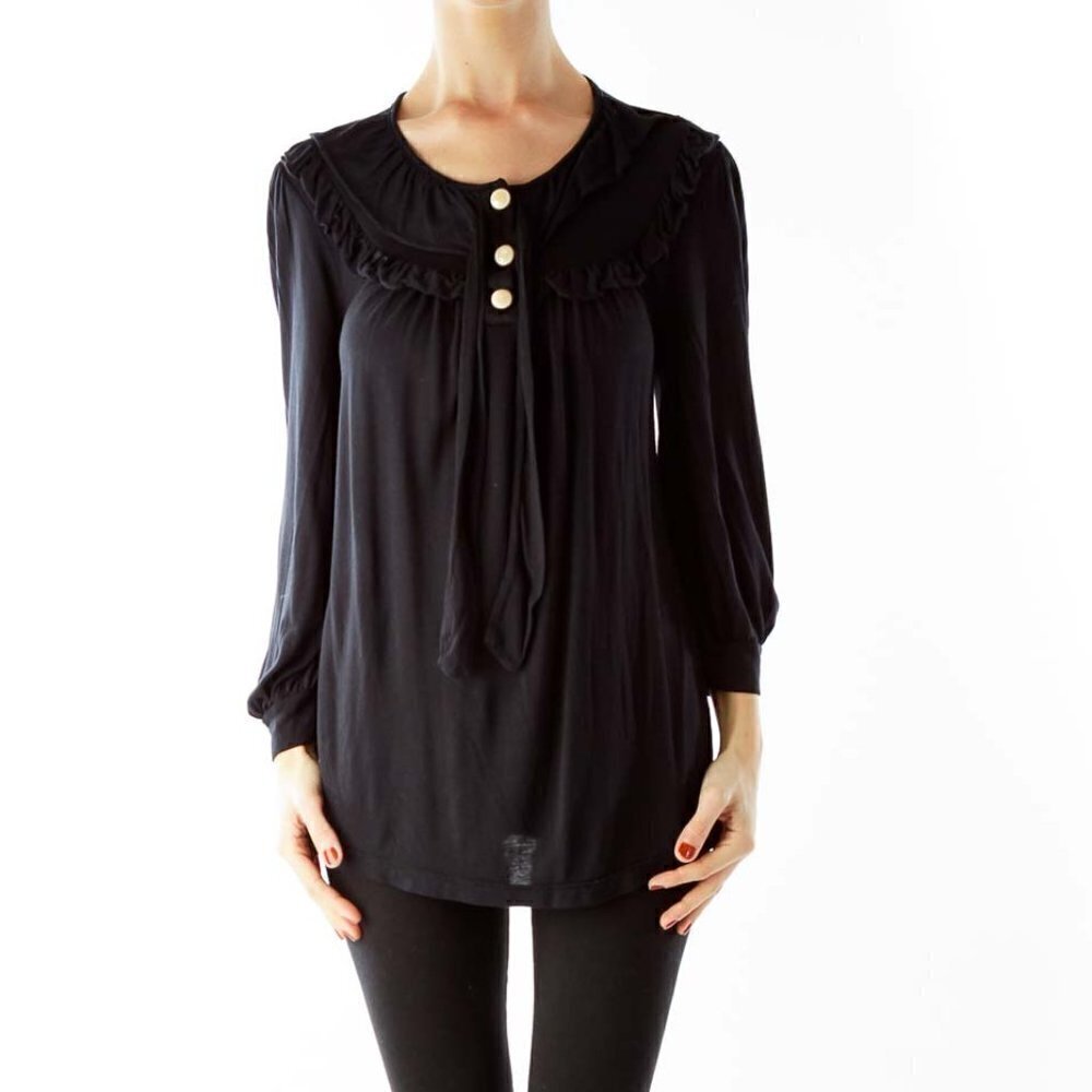 Ella Moss Black Three Quarter Sleeve Buttoned Bow Blouse